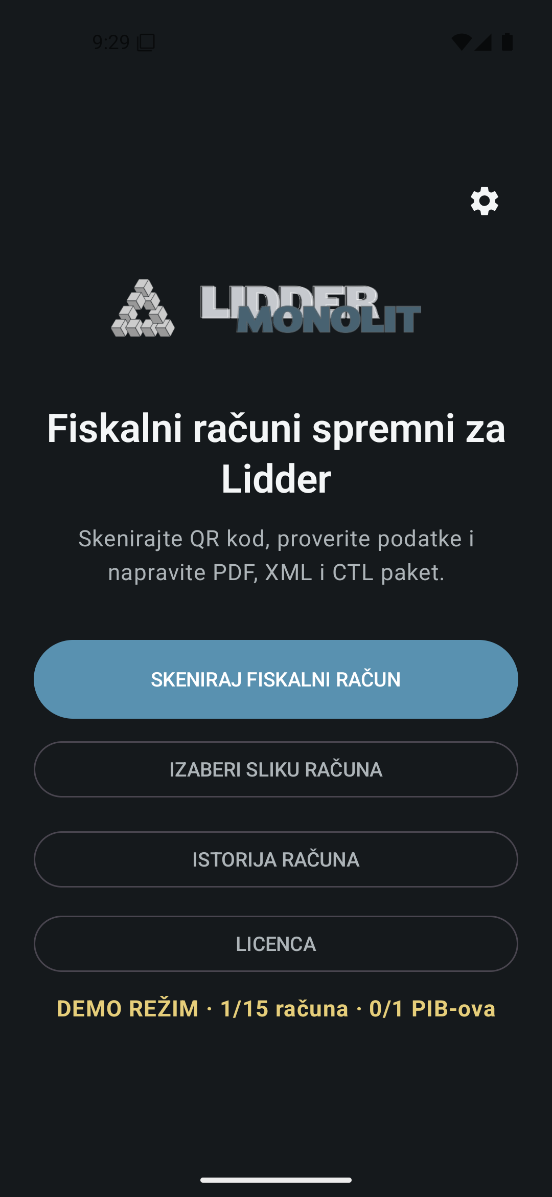 Aktuelni Android početni ekran aplikacije LIDDER FiscalScan