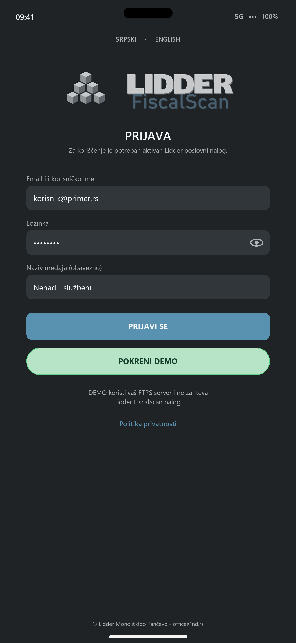 Prijava i DEMO režim - iOS